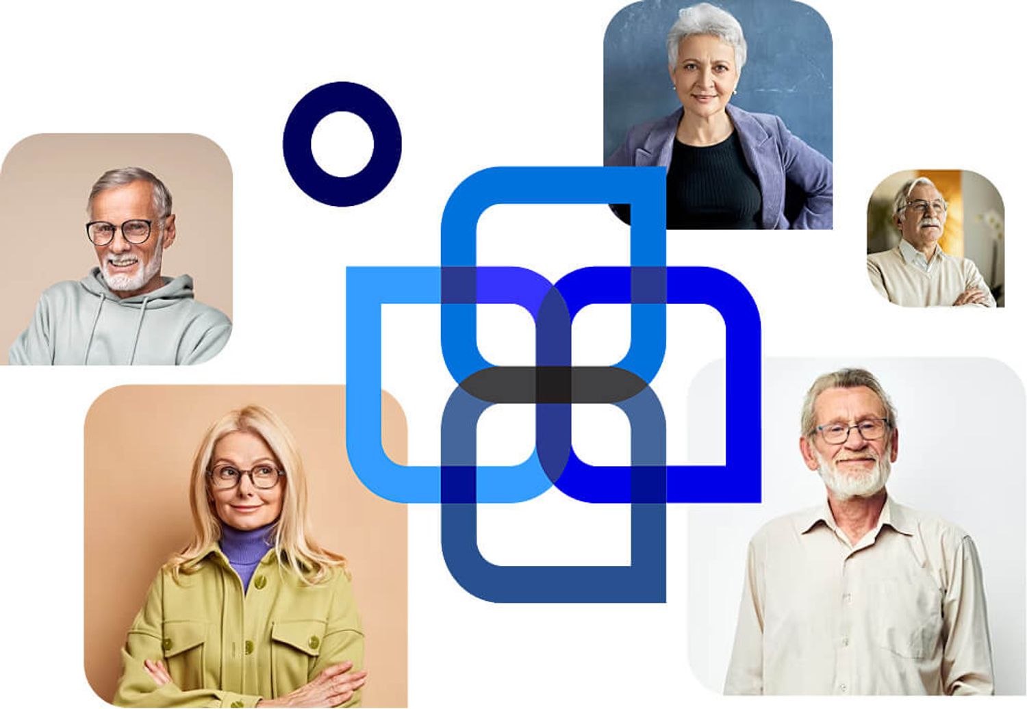 Grouping of images of happy seniors around the Healthpilot logo.