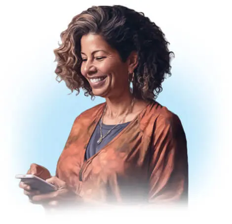 Woman smiling holding a cell phone.