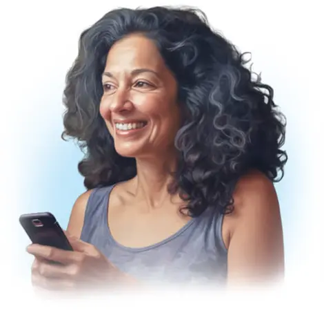Woman with black hair, smiling holding a cell phone.