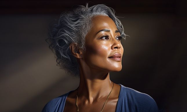 Beautiful senior woman with short grey hair looking to her left.