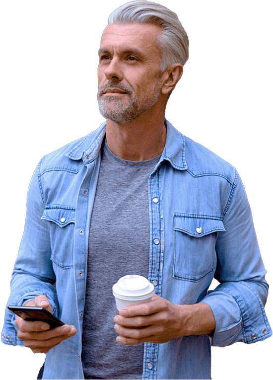 Mature man with grey hair and beard, standing with a mobile phone and cup of coffee.