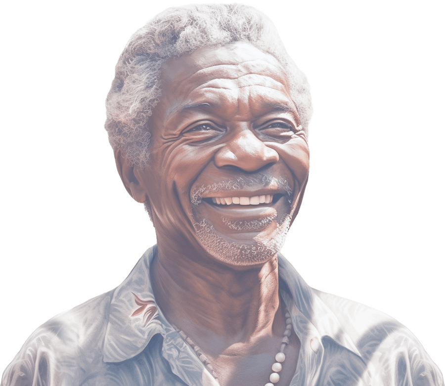 Senior African American man in a Hawaiian button up shirt and shell necklace smiling widely.