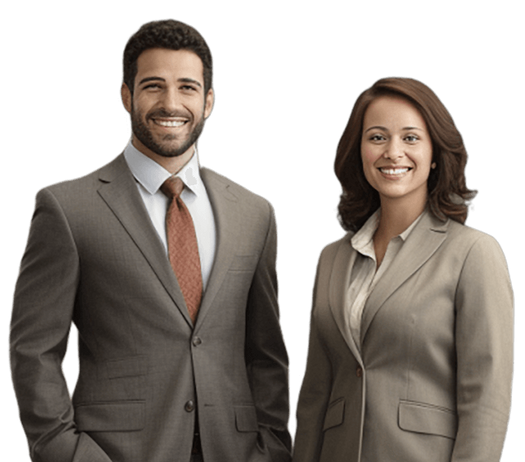 Man and woman in business attire smiling that the camera.