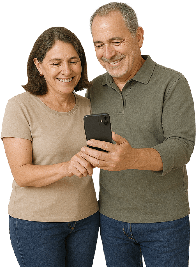 Couple Smiling Down Phone