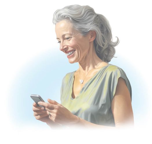 A woman smiling, looking down at a smart phone in her hands.