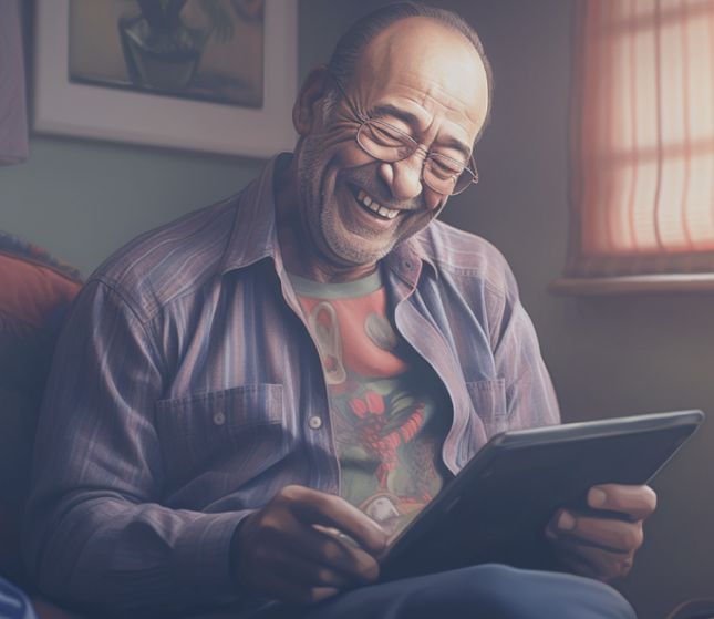 Senior man in graphic t-shirt and glasses, smiling while reading a tablet.