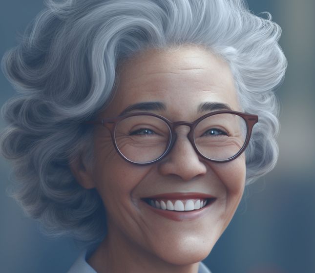 Senior woman in glasses smiling broadly at the camera.