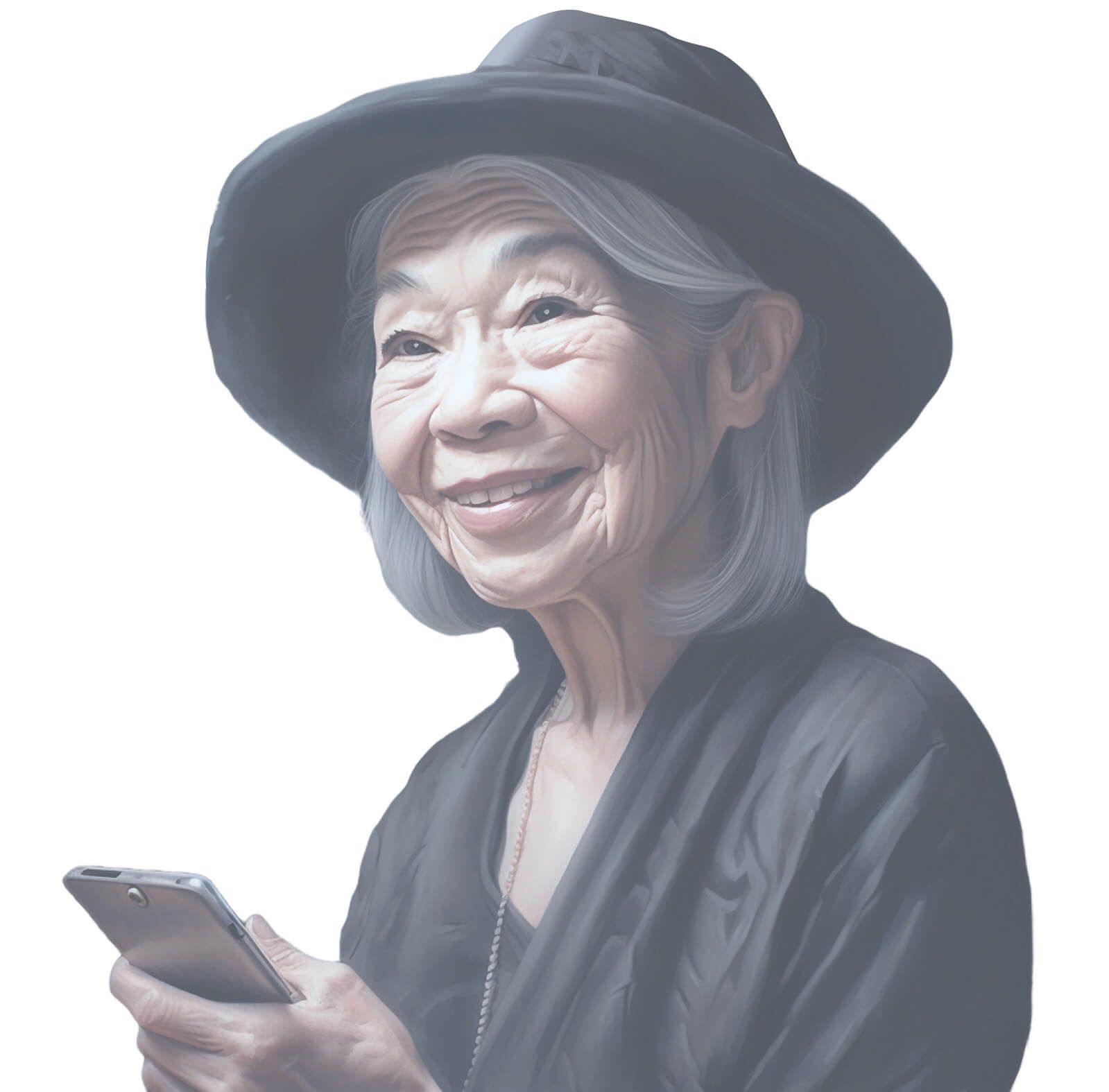 Senior Asian woman in black wide brim hat holding a cell phone smiling.