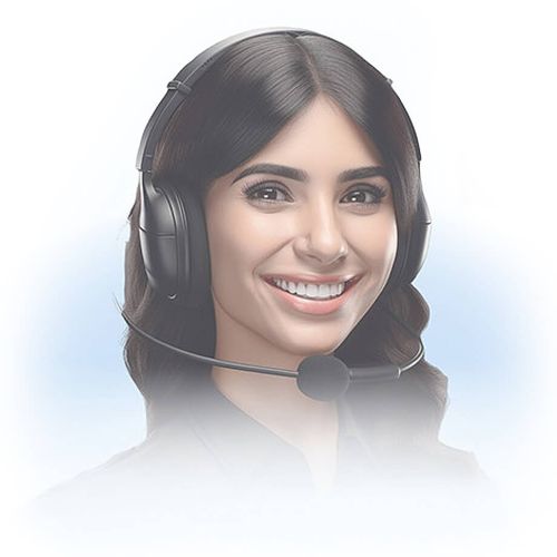 Smiling female customer support agent with brown hair wearing a headset with microphone.