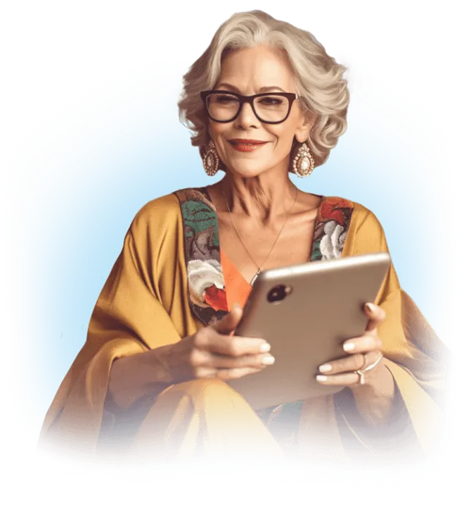 Fashionable elderly woman smiling, holding an iPad.