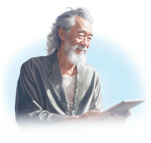 Senior asian man smiling holding a tablet.
