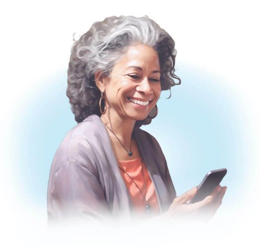 Smiling senior black woman holding a cell phone.