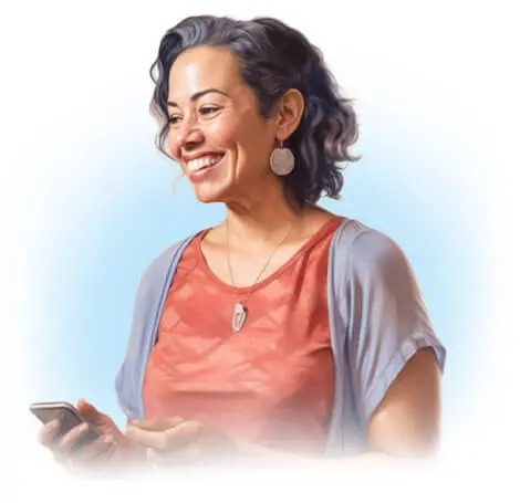 Woman smiling holding a cell phone.