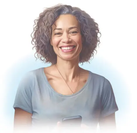 Woman smiling, holding a cell phone.
