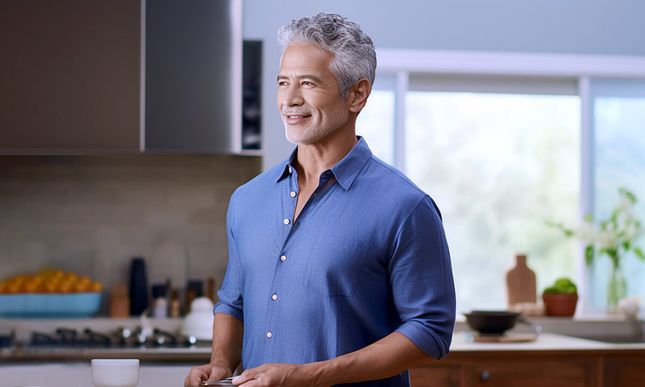 Senior man in open plan kitchen looking to his right smiling.