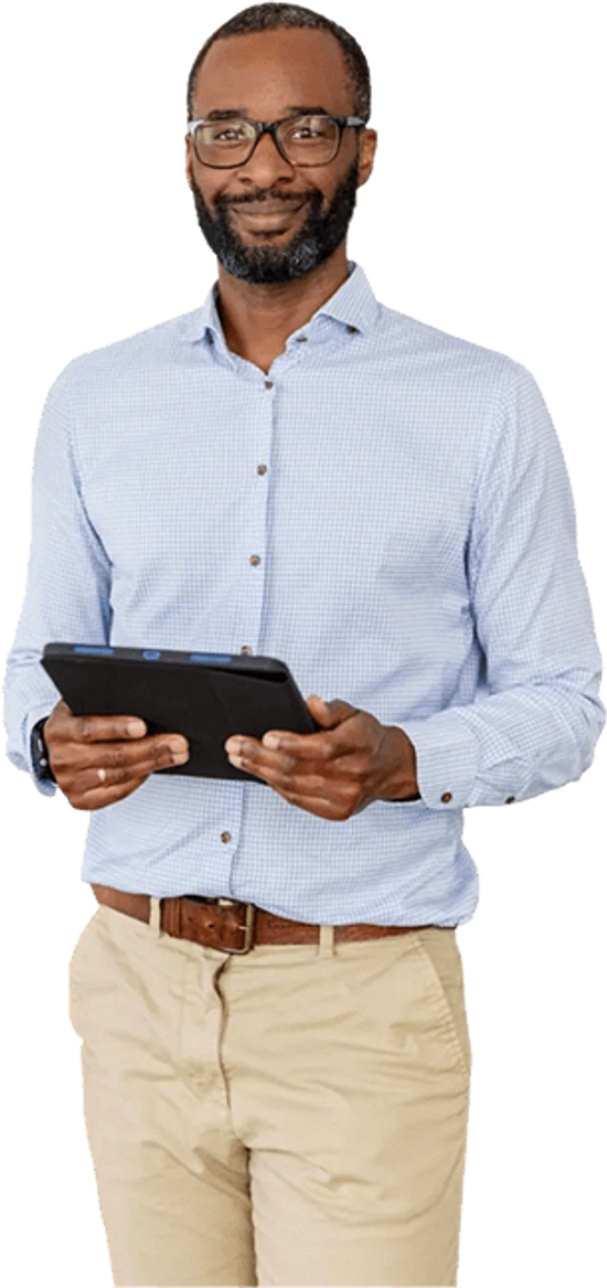 Man Smiling Holding Tablet