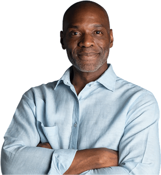 Mature Man Smiling Arms Crossed Blue Shirt