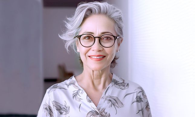 Senior woman wearing classes smiling at the camera.