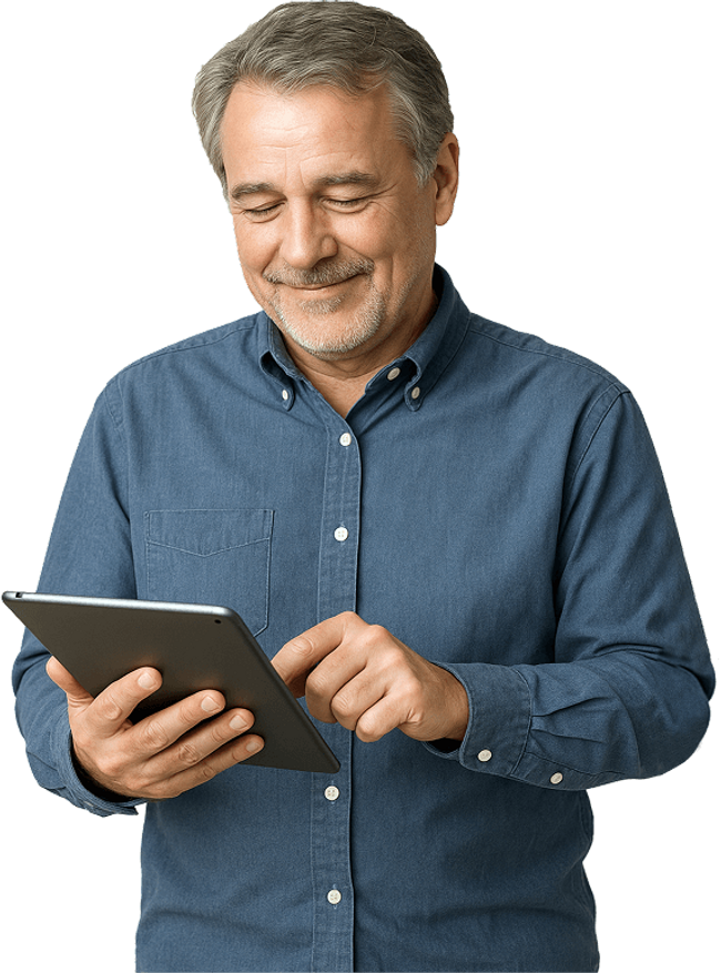 Mature Man Smiling Down Tablet