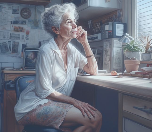 Senior woman sitting at a desk staring out the window, deep in thought.