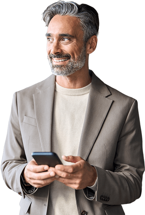 Senior Man Suite Smiling With Phone