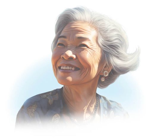 Elderly asian woman looking off into the distance, smiling.