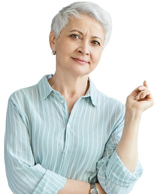 Senior woman in blue striped button up shirt with a contemplative look.