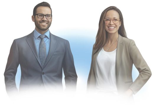 A man and woman in business attire and glasses smiling.