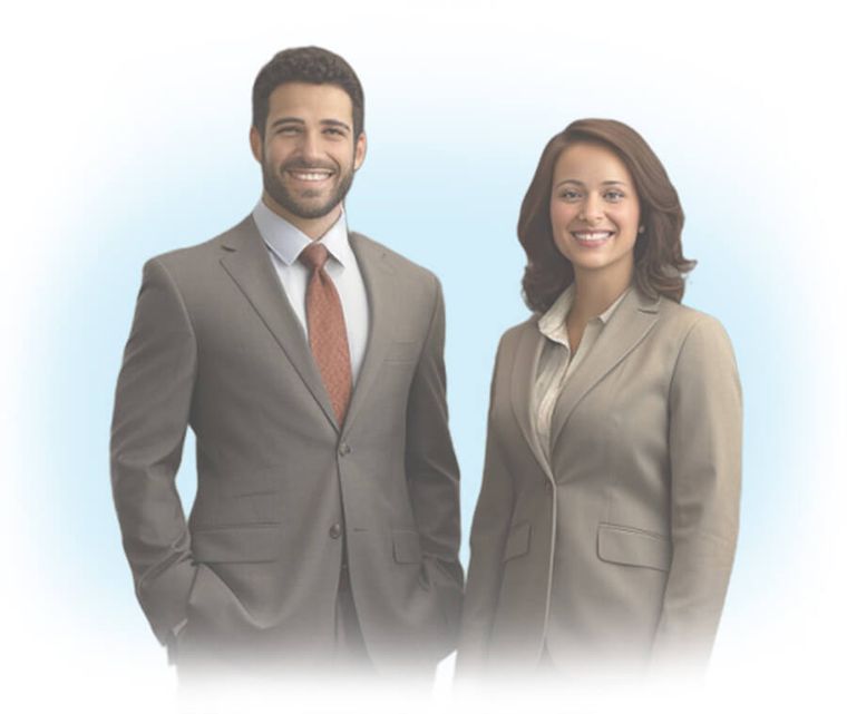 Man and woman in business attire smiling that the camera.