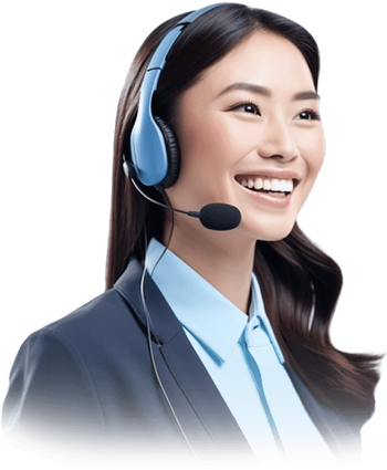 Female customer service agent, smiling wearing a headset and blue suit.