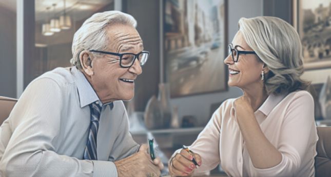 Senior couple in office attire, sitting across from each other at a table with pens in their hands, smiling at each other.
