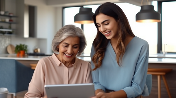 Grandmother and granddaughter at the kitchen table smiling down at a tablet screen.