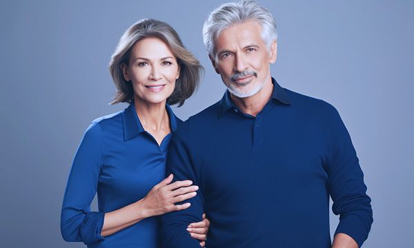 Attractive senior couple standing together smiling at the camera against a grey backdrop.