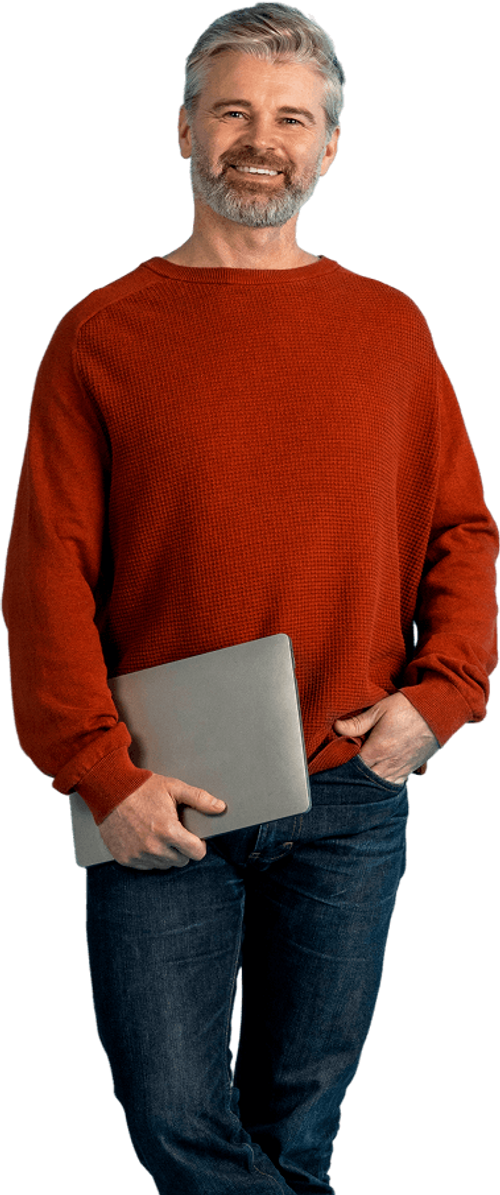 Senior Man Red Sweater Laptop