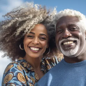 Selfie of a fashionable couple outside on a clear, sunny day.