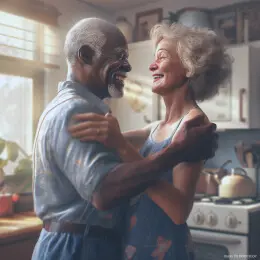 Elderly couple embracing in a kitchen.