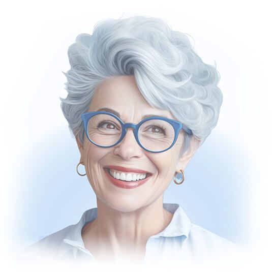Senior woman with blue glasses smiling at the camera with her head tilted.