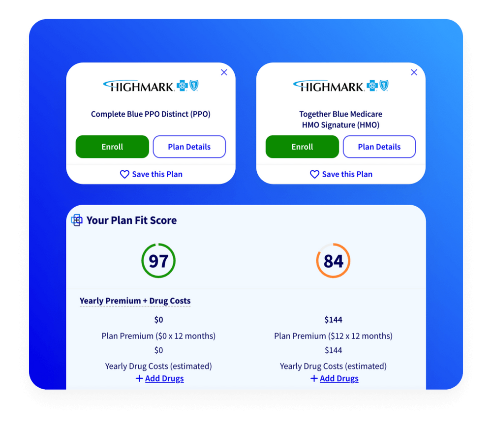 Sample screen showing how you can easily compare multiple medicare plans.