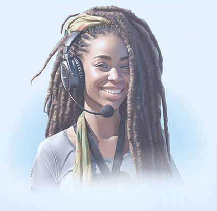 Woman wearing a headset with microphone, smiling and looking at the camera.